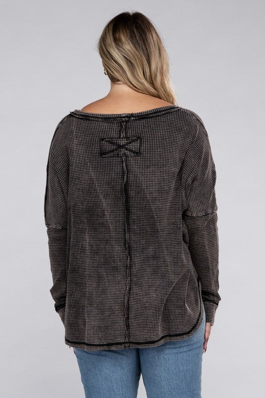 ZENANA Plus Washed Baby Waffle Oversized Long Sleeve Top