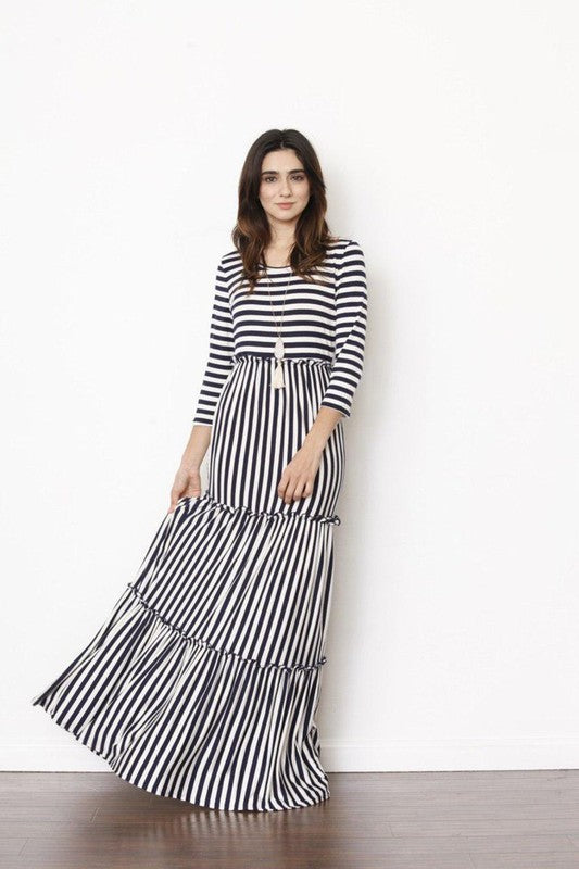 EG fashion Stripe three tiered maxi dress
