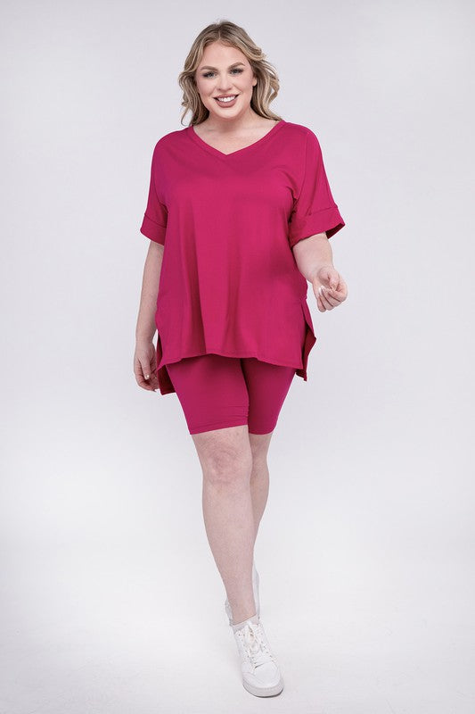 ZENANA Plus Brushed DTY Microfiber V-Neck Top & Biker