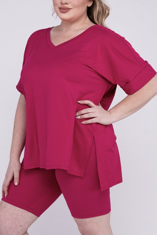 ZENANA Plus Brushed DTY Microfiber V-Neck Top & Biker