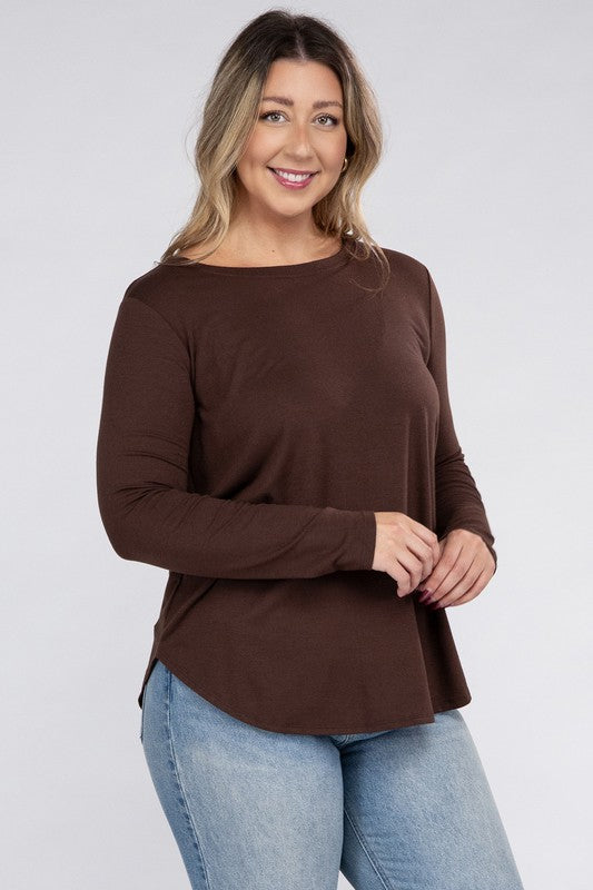 ZENANA Plus Long Sleeve Round Neck Round Hem Top