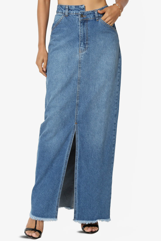 Aerin Front Slit Raw Hem Maxi Jean Skirt DENIM_1