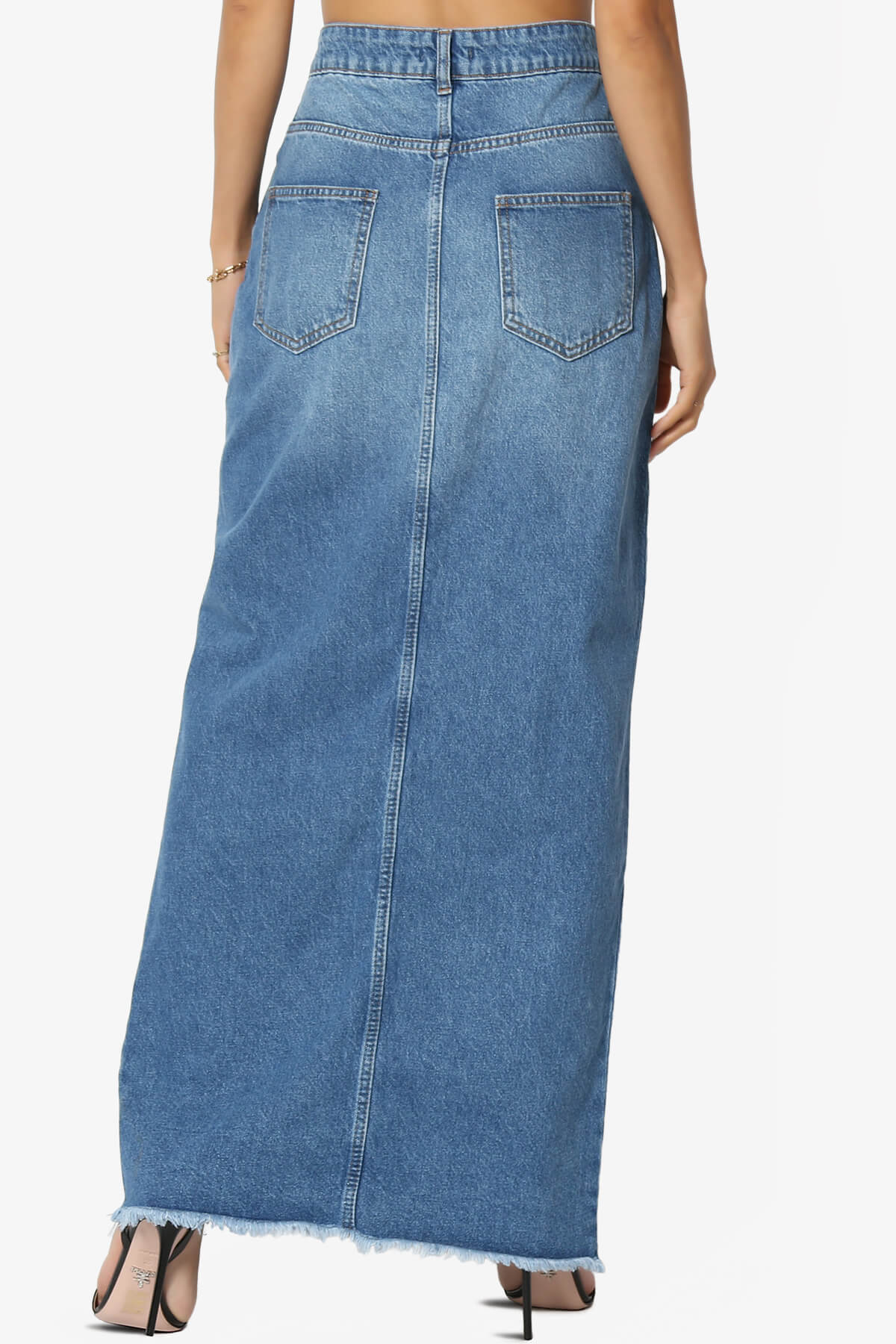 Aerin Front Slit Raw Hem Maxi Jean Skirt DENIM_2