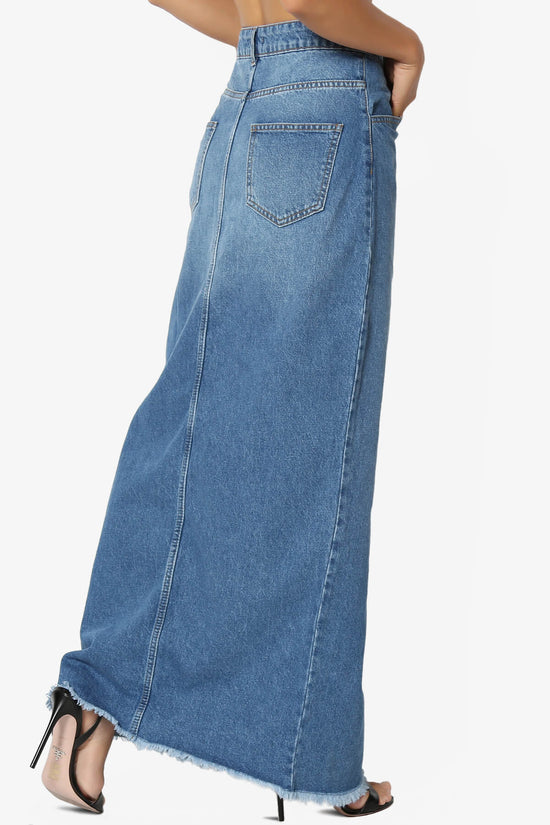 Aerin Front Slit Raw Hem Maxi Jean Skirt DENIM_4
