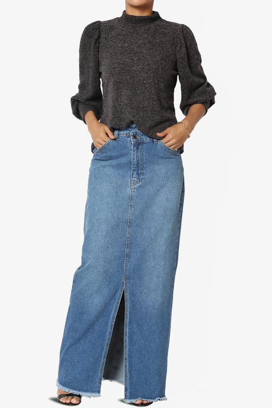 Aerin Front Slit Raw Hem Maxi Jean Skirt DENIM_6