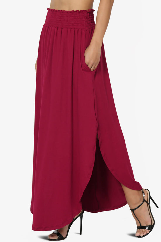 Alisah Smocked Waist Pocket Slit Maxi Skirt BURGUNDY_3