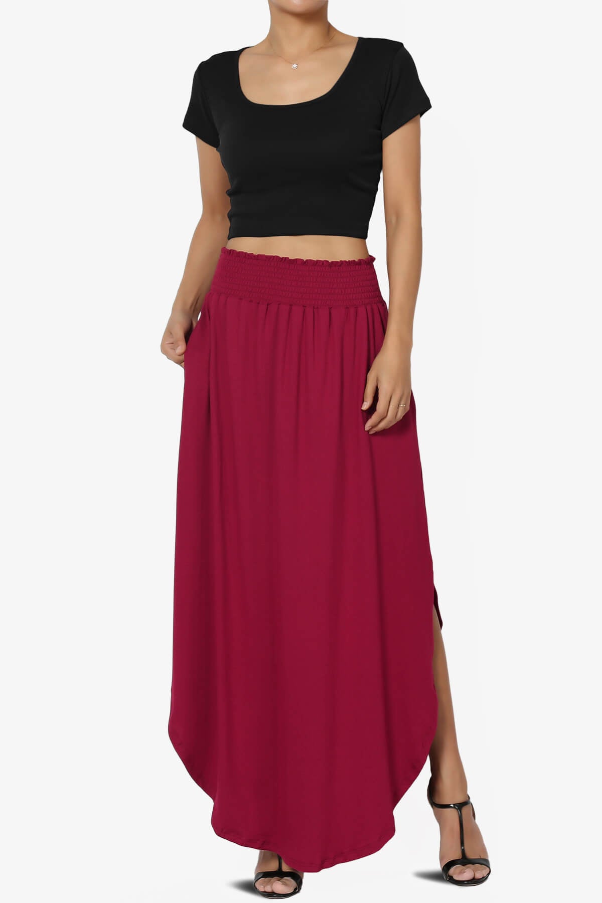 Alisah Smocked Waist Pocket Slit Maxi Skirt BURGUNDY_6