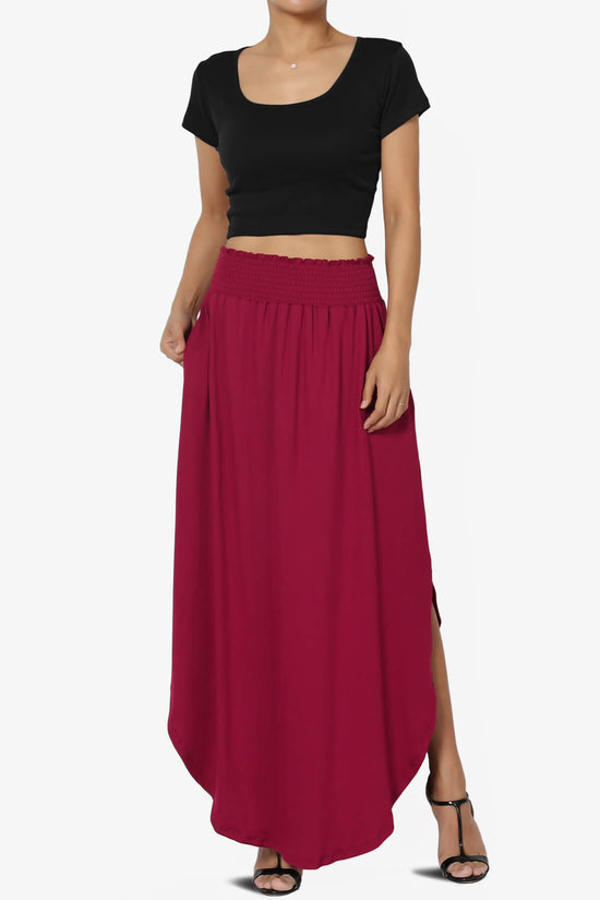 Alisah Smocked Waist Pocket Slit Maxi Skirt BURGUNDY_6