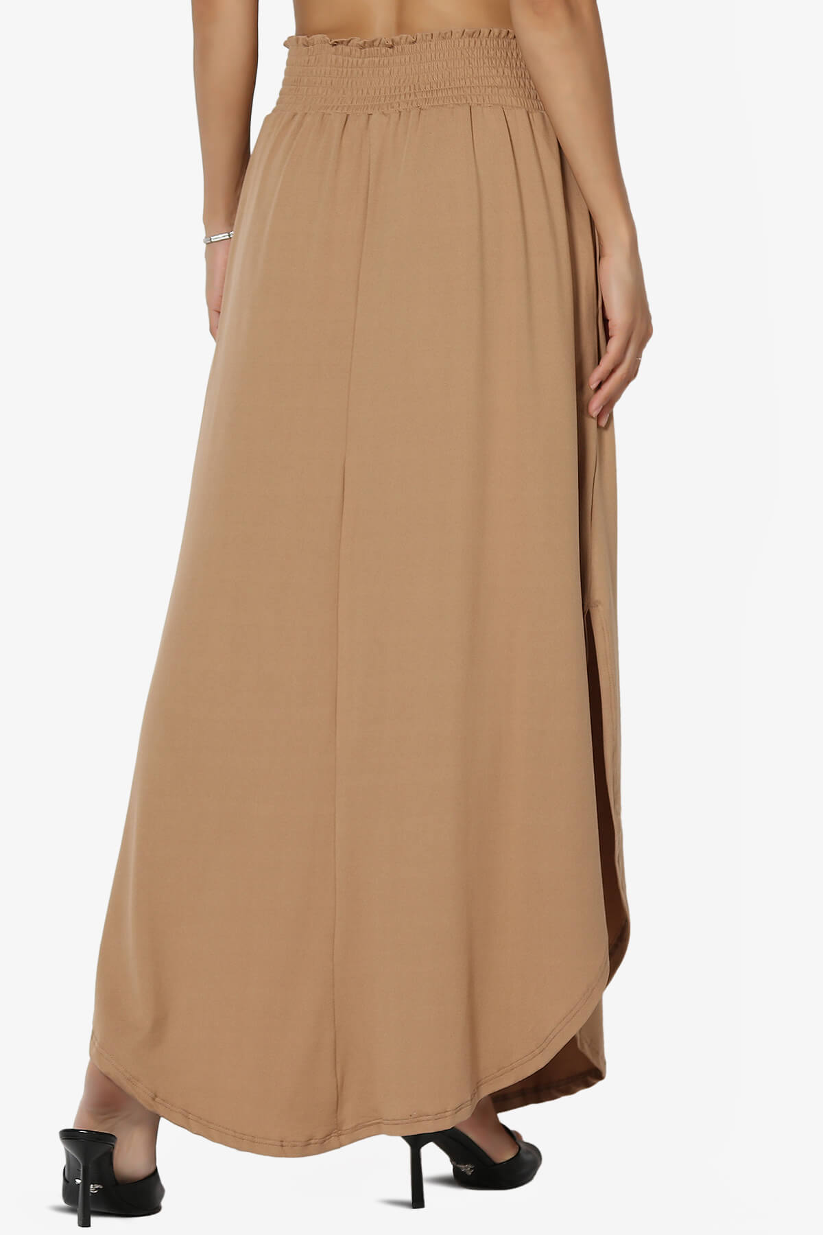 Alisah Smocked Waist Pocket Slit Maxi Skirt CAMEL_2