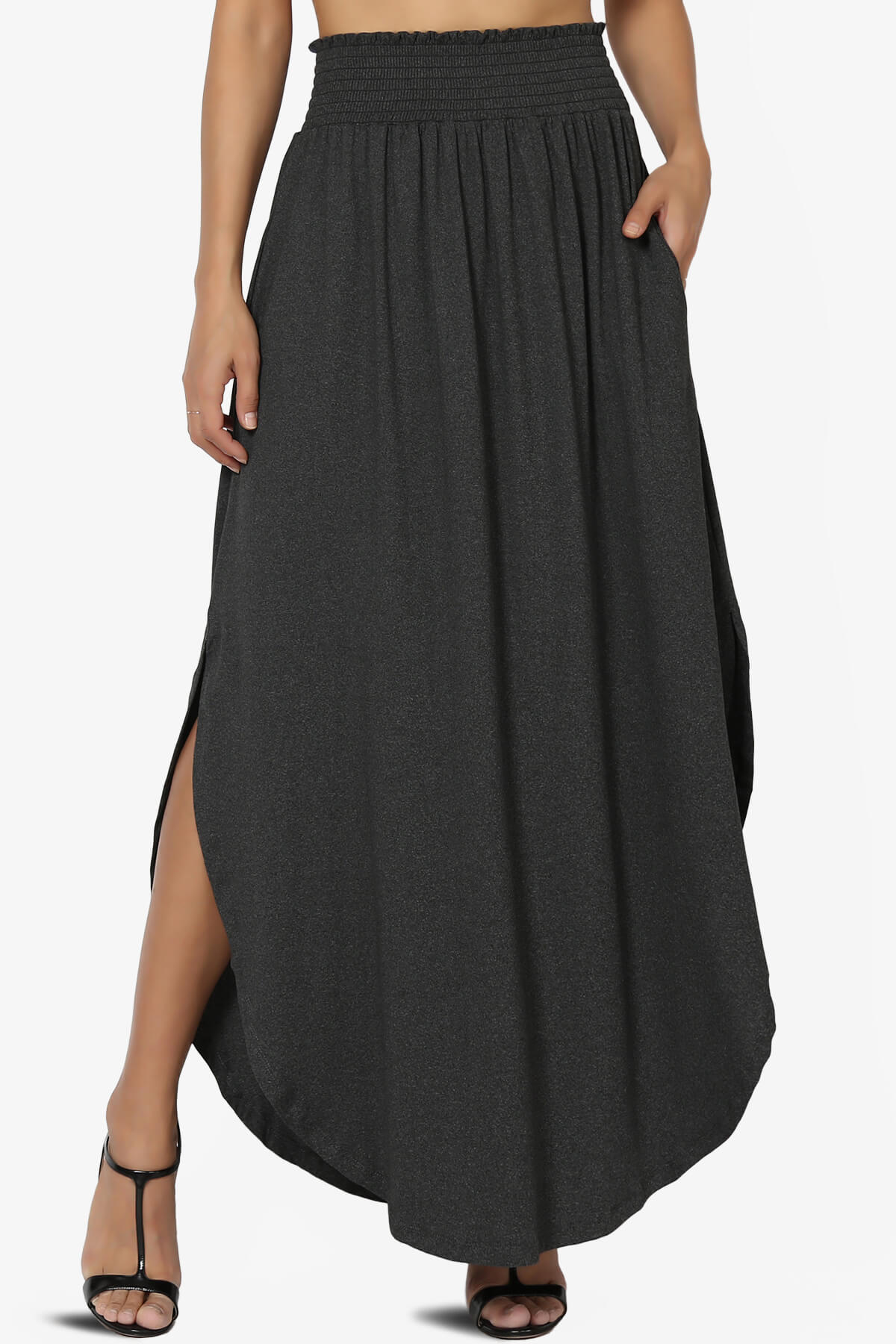 Alisah Smocked Waist Pocket Slit Maxi Skirt CHARCOAL_1