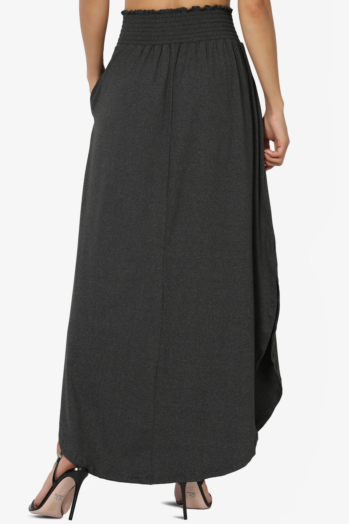Alisah Smocked Waist Pocket Slit Maxi Skirt CHARCOAL_2