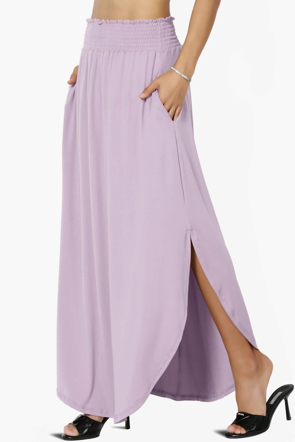 Alisah Smocked Waist Pocket Slit Maxi Skirt LILAC_3
