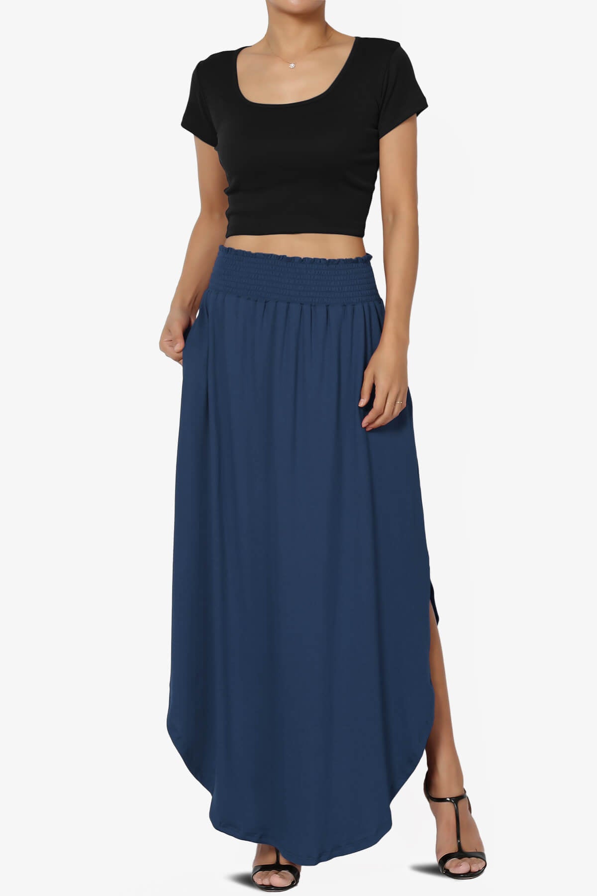 Alisah Smocked Waist Pocket Slit Maxi Skirt NAVY_6