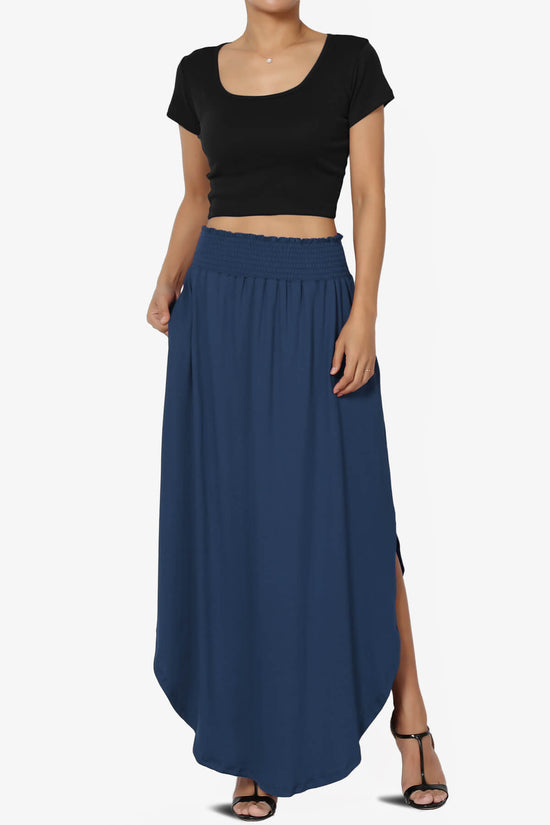 Alisah Smocked Waist Pocket Slit Maxi Skirt NAVY_6
