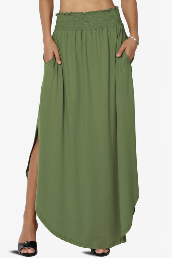 Alisah Smocked Waist Pocket Slit Maxi Skirt OLIVE_1