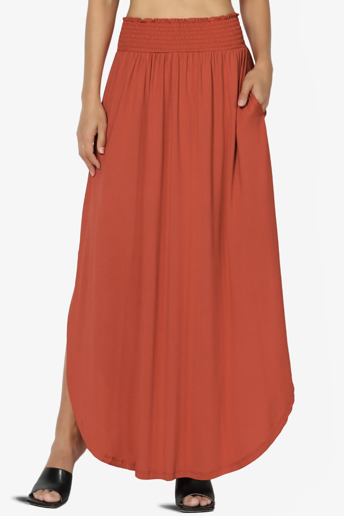 Alisah Smocked Waist Pocket Slit Maxi Skirt RUST_1