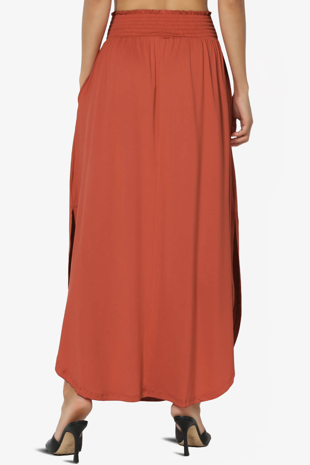 Alisah Smocked Waist Pocket Slit Maxi Skirt RUST_2