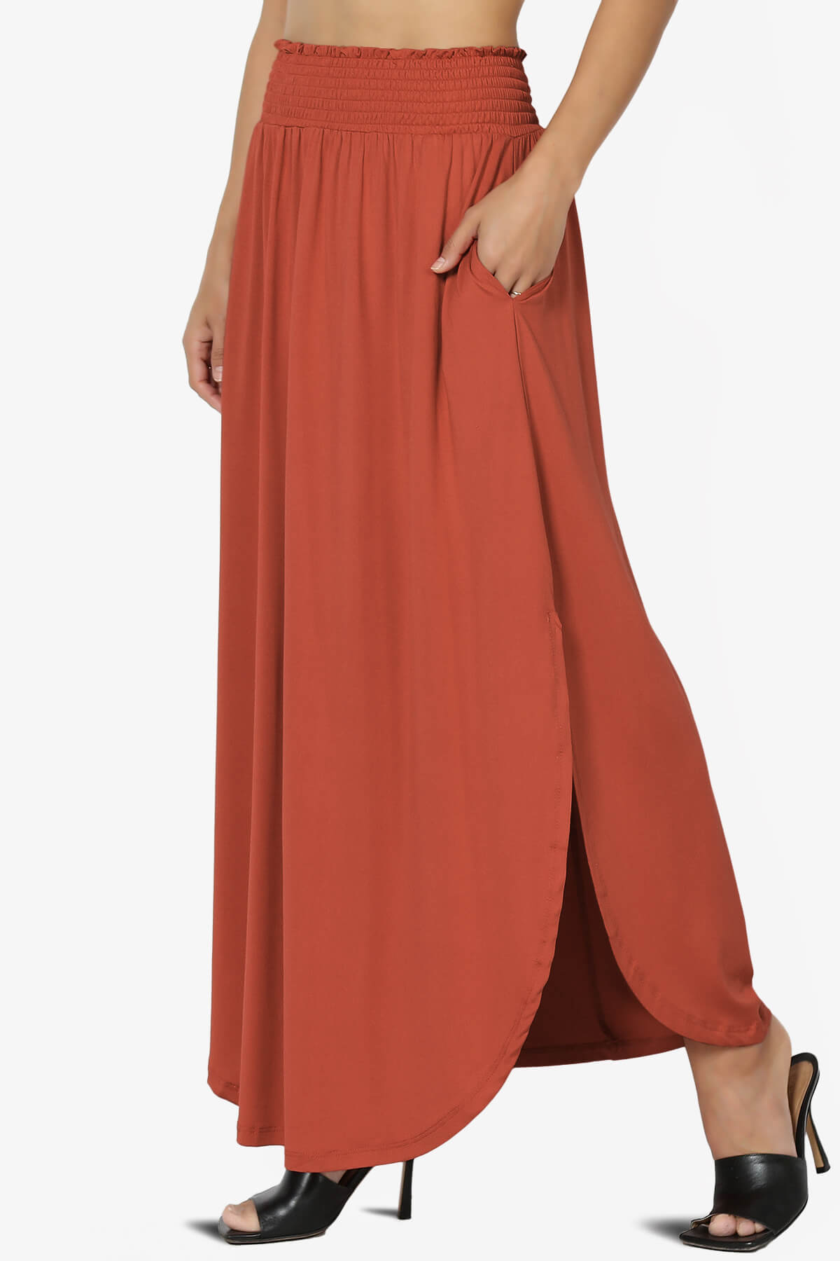 Alisah Smocked Waist Pocket Slit Maxi Skirt RUST_3