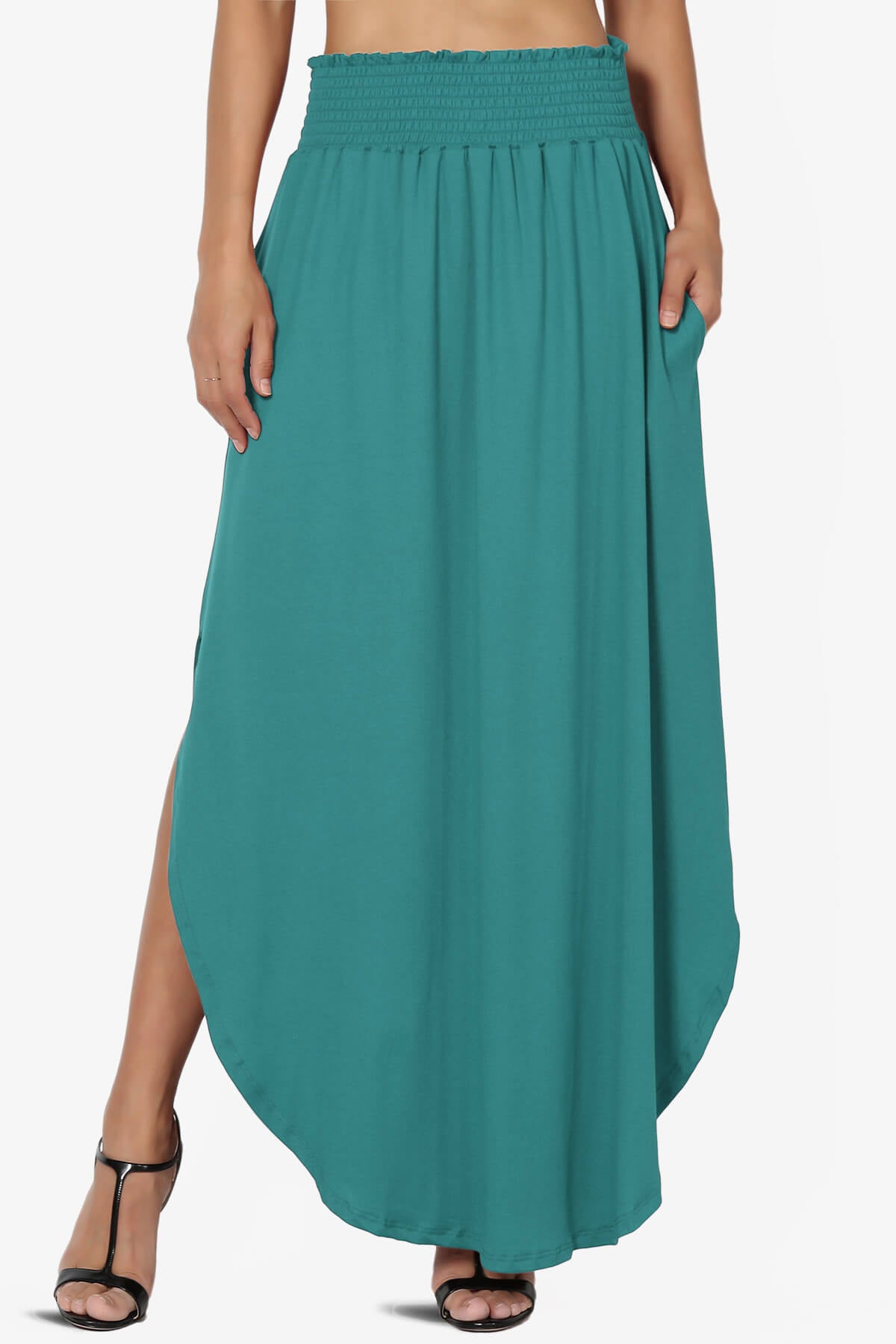 Alisah Smocked Waist Pocket Slit Maxi Skirt TEAL_1