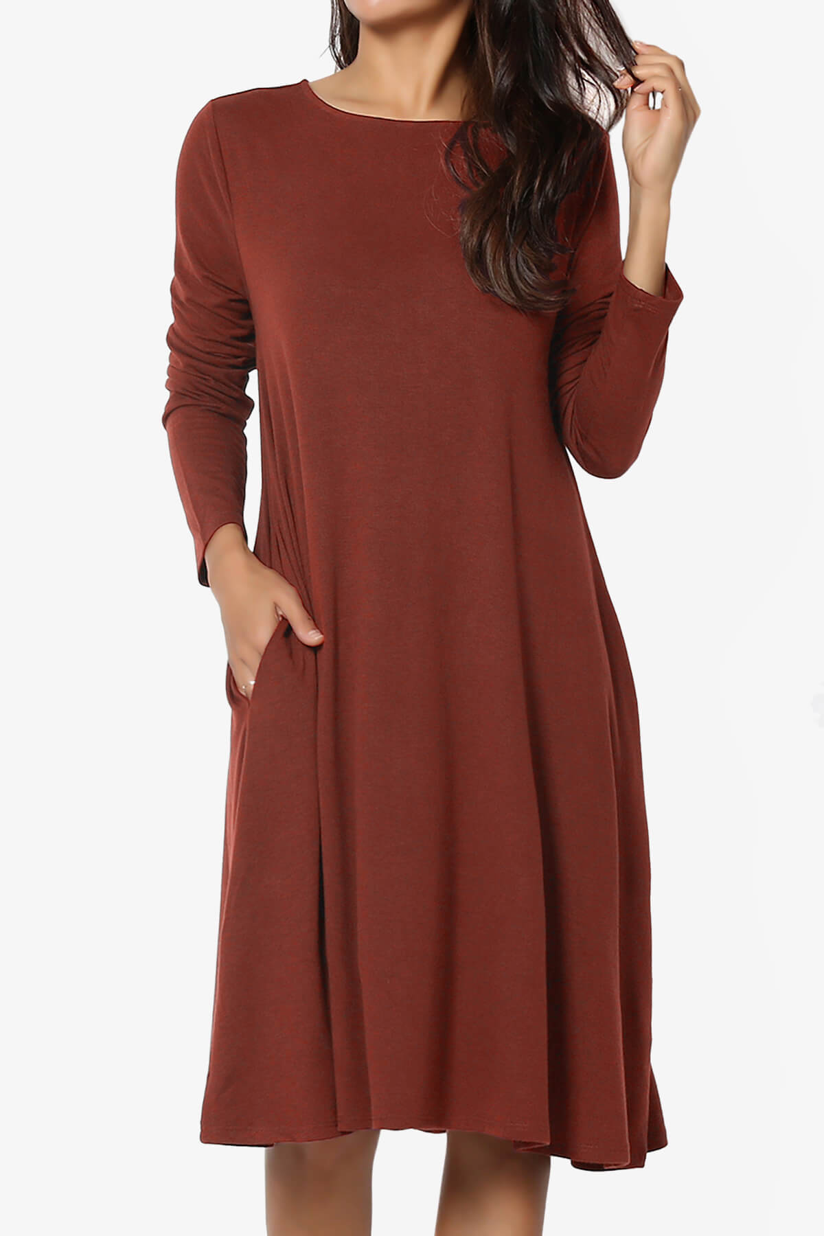 Allie Long Sleeve Jersey A-Line Dress DARK RUST_1