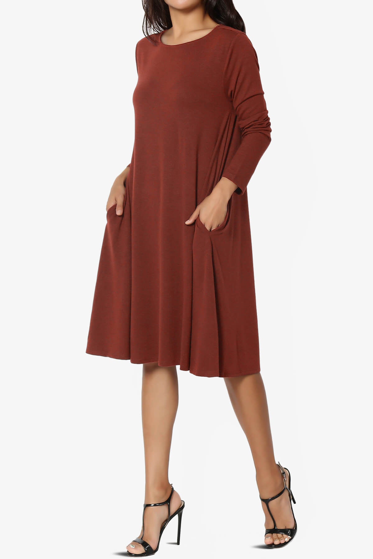 Allie Long Sleeve Jersey A-Line Dress DARK RUST_3