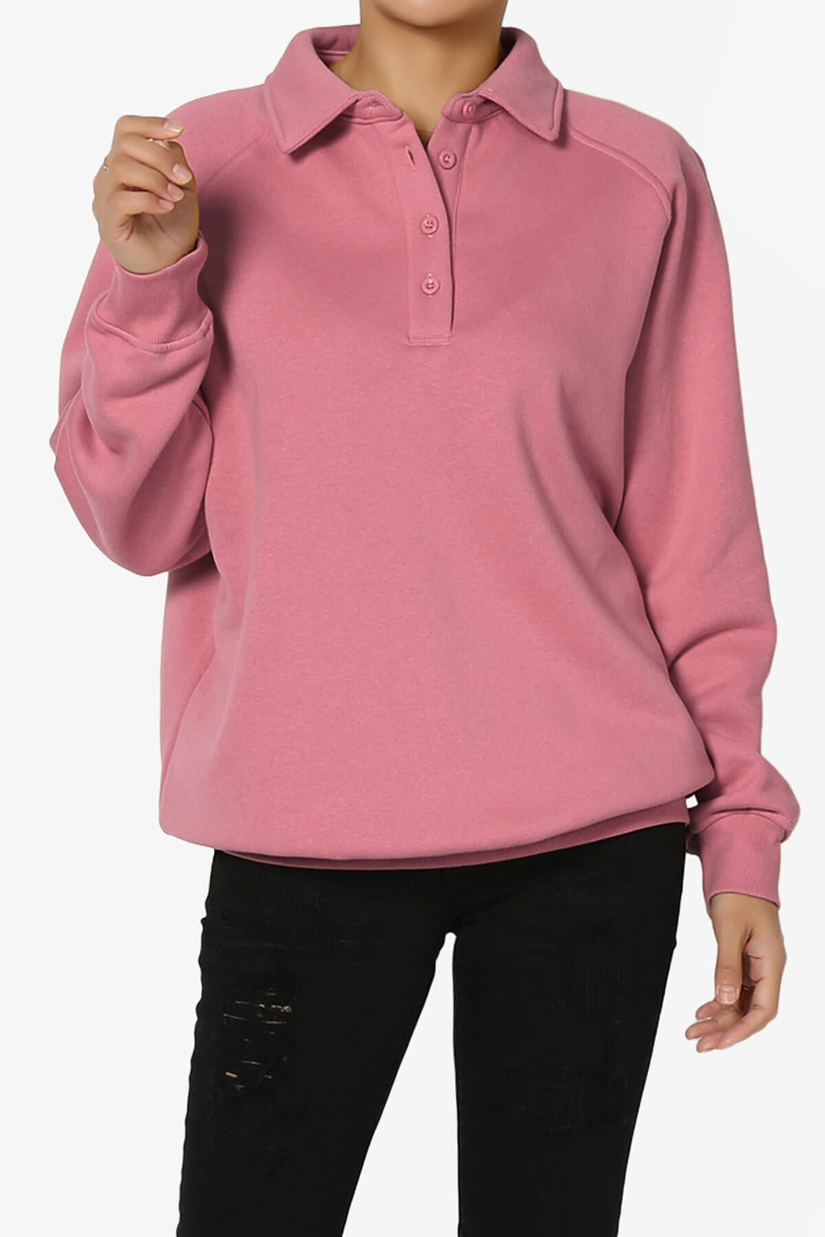 Avianna Oversized Fleece Polo Sweatshirt ASH ROSE_1