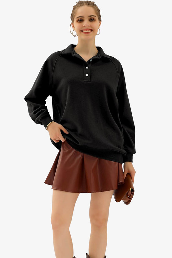 Avianna Oversized Fleece Polo Sweatshirt BLACK_6