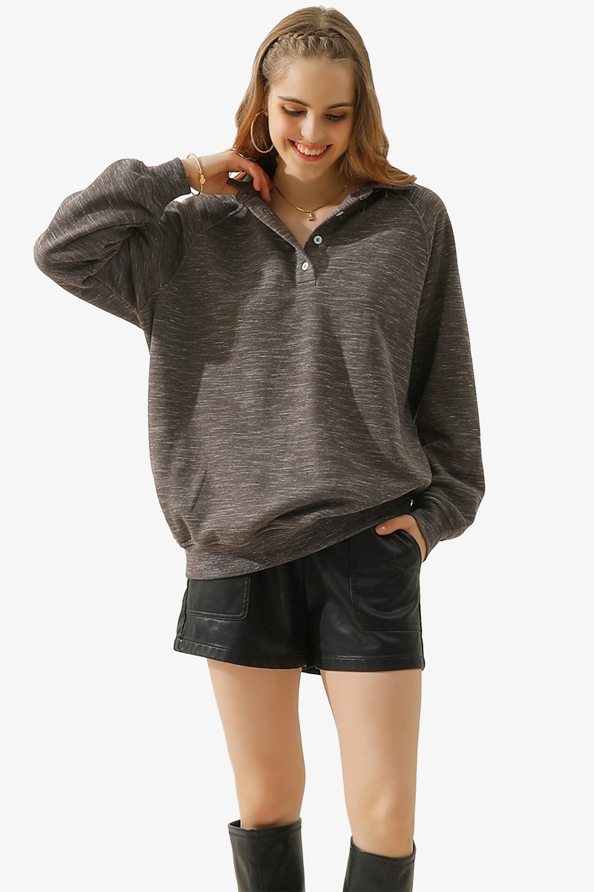 Avianna Oversized Fleece Polo Sweatshirt BROWN_6