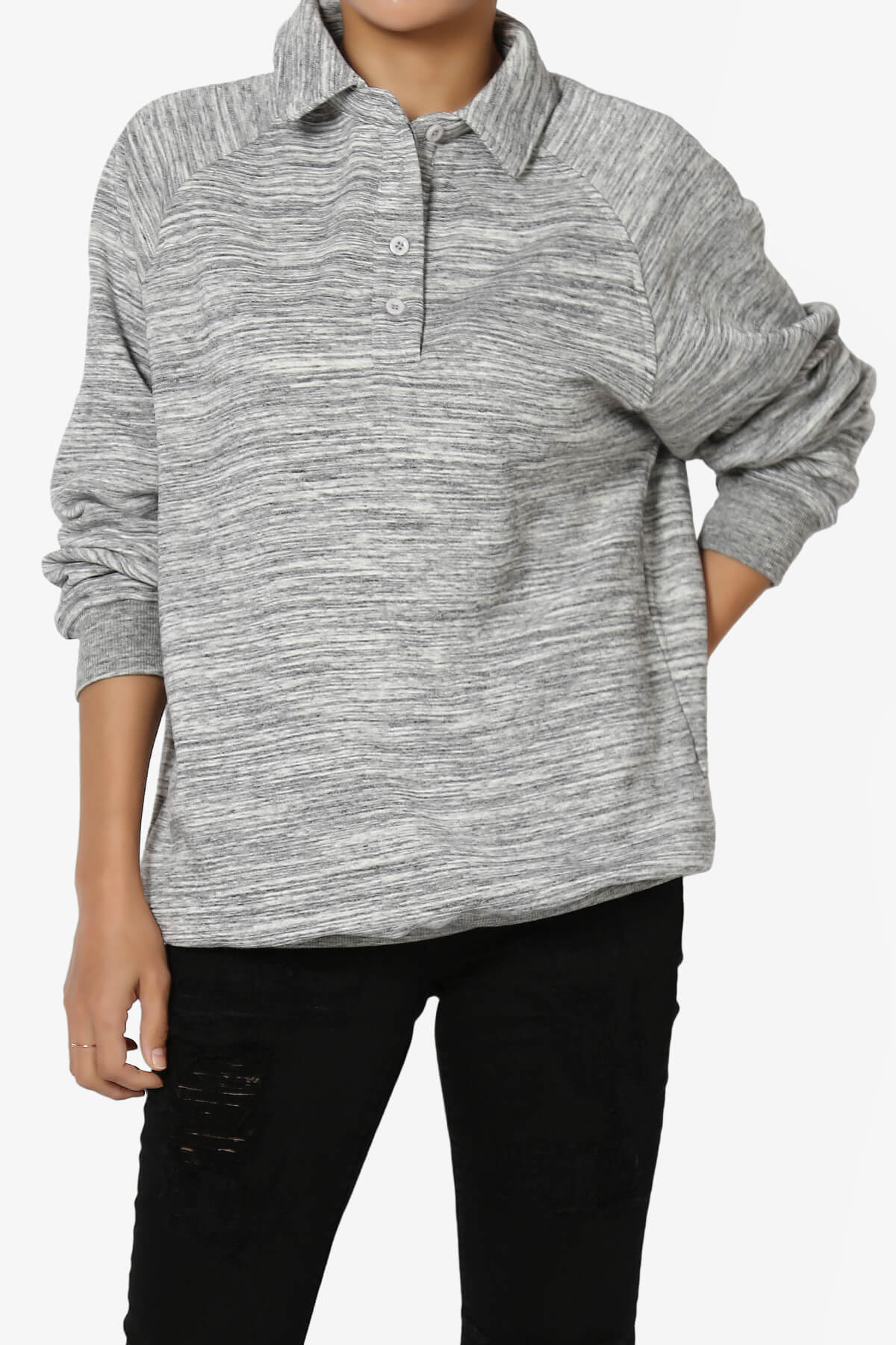 Avianna Oversized Fleece Polo Sweatshirt HEATHER GREY_1