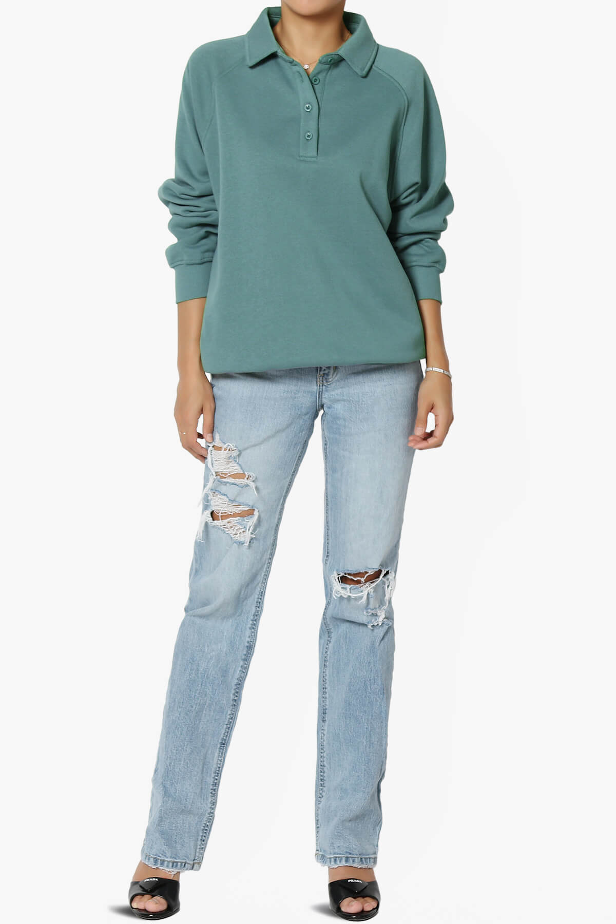 Avianna Oversized Fleece Polo Sweatshirt TEAL_6