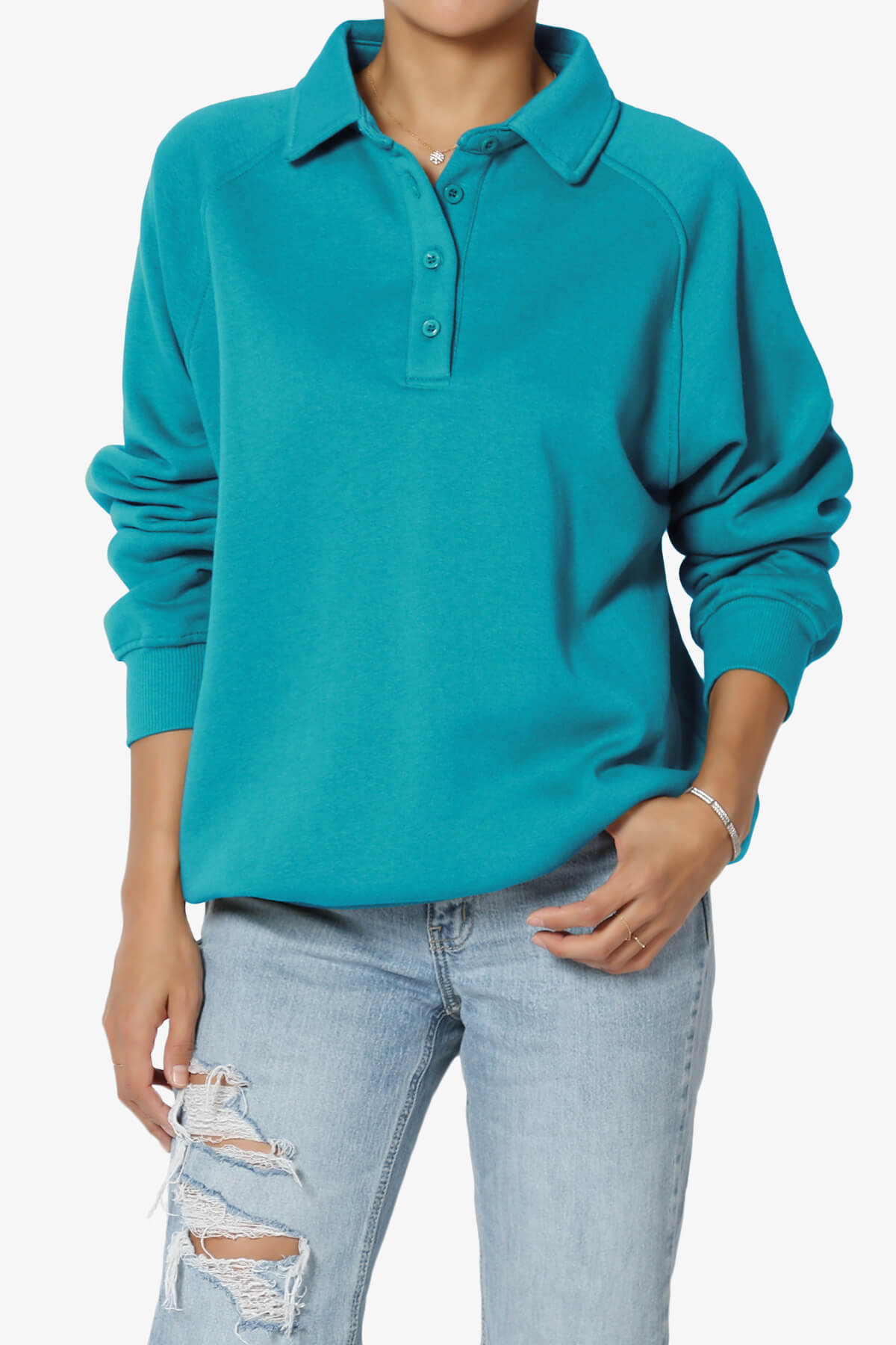 Avianna Oversized Fleece Polo Sweatshirt TURQUOISE_1