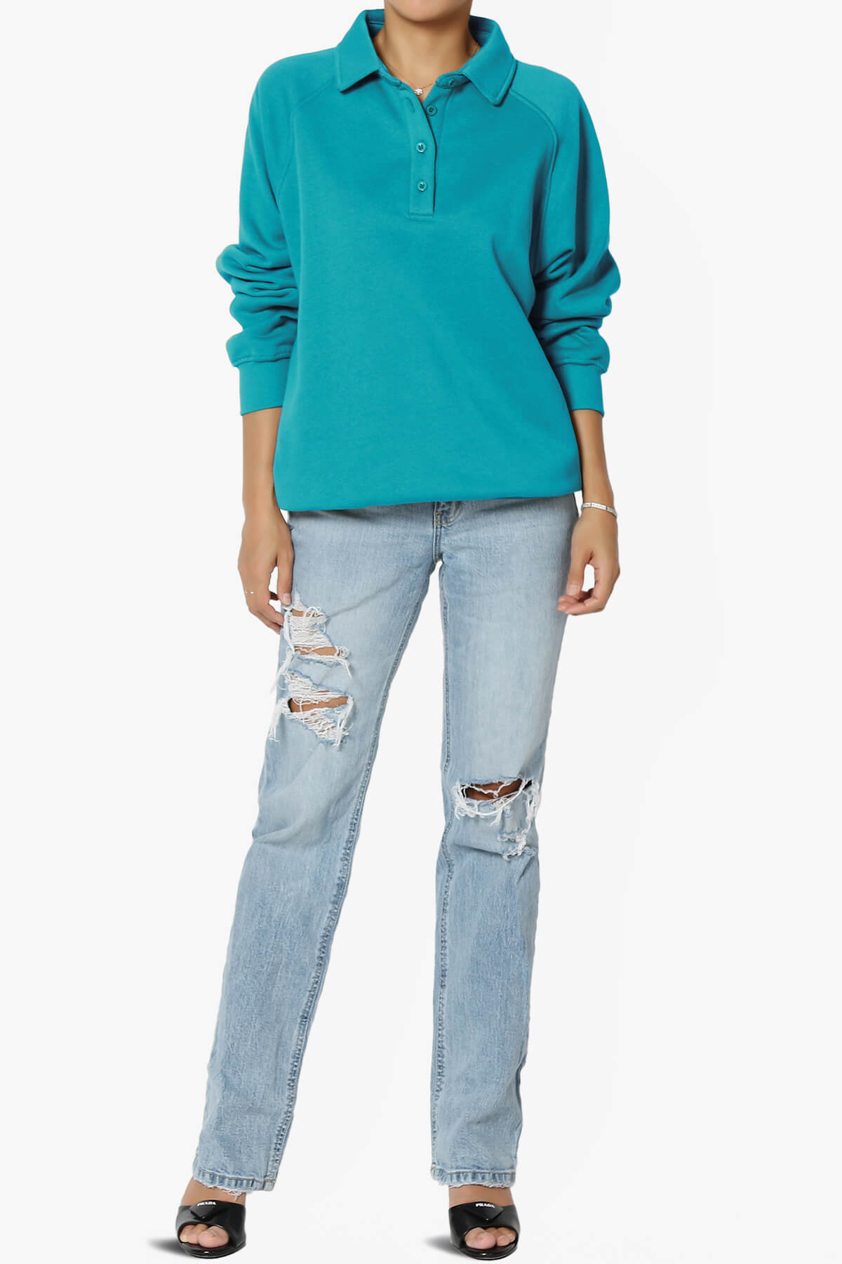 Avianna Oversized Fleece Polo Sweatshirt TURQUOISE_6