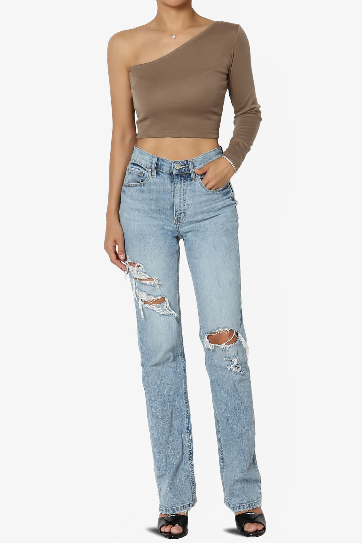 Azariah One Shoulder Long Sleeve Crop T-Shirt KHAKI_6