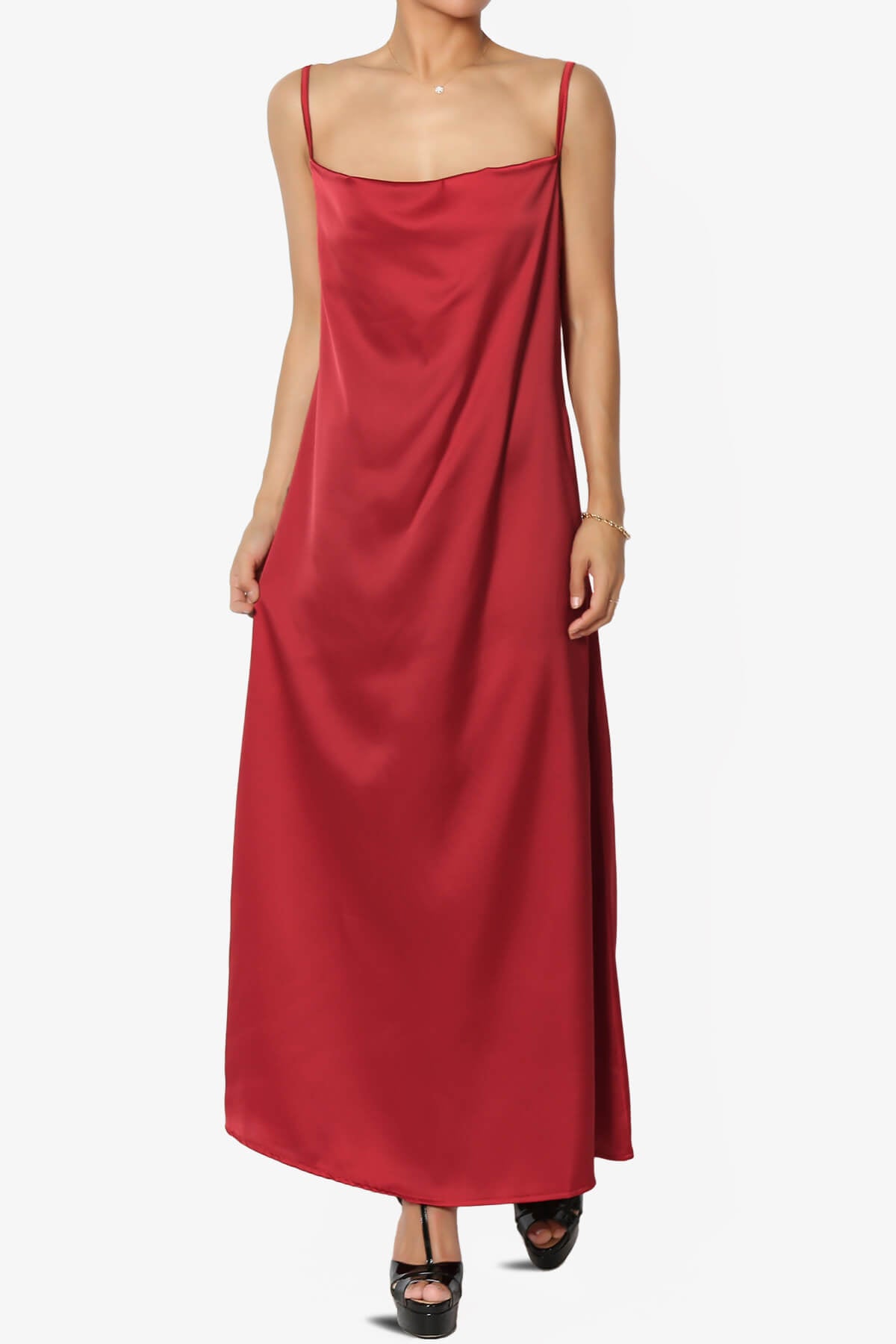 Berkleigh Cowl Neck Satin Slip Long Dress BURGUNDY_1