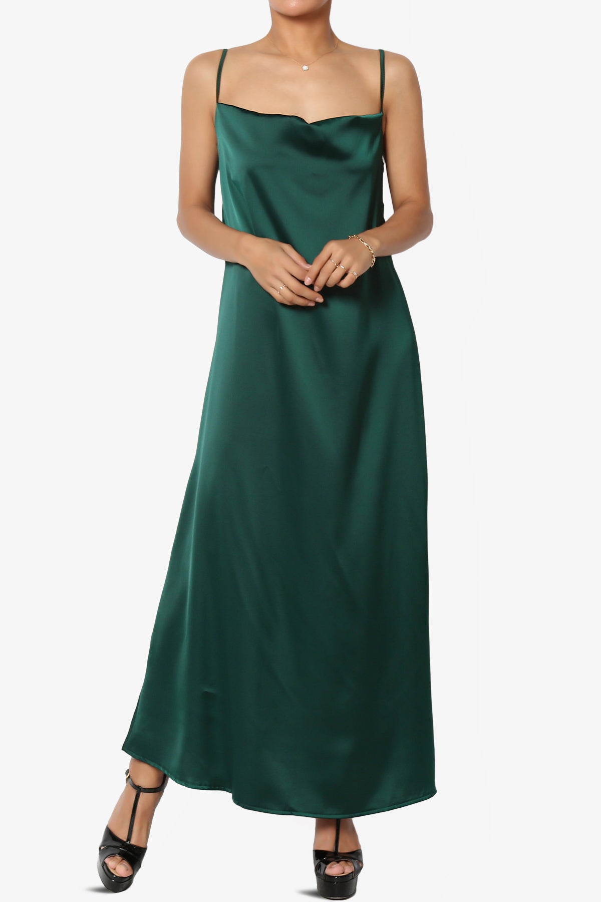 Berkleigh Cowl Neck Satin Slip Long Dress DARK GREEN_6