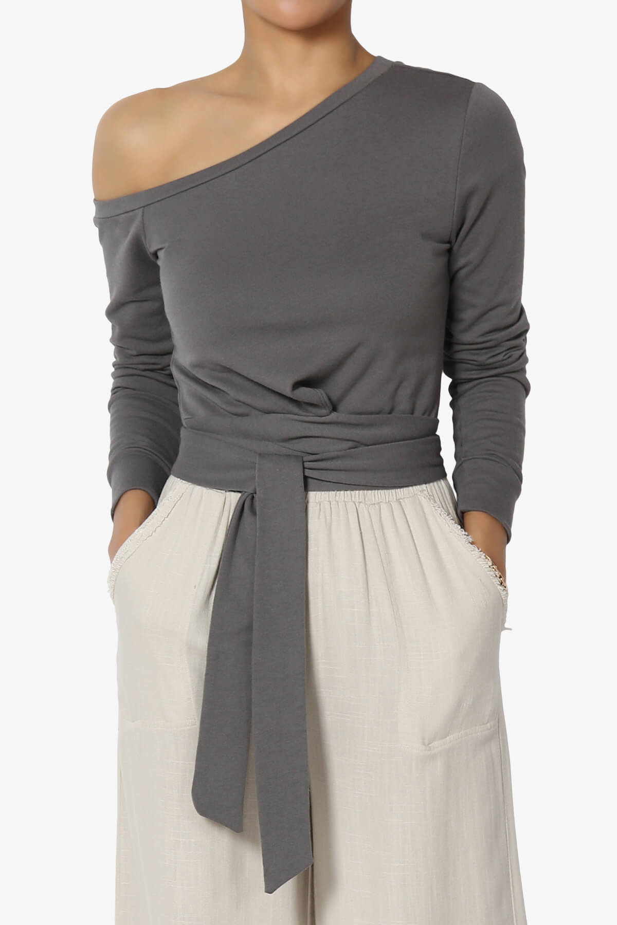 Birdee Wrap Waist Tie One Shoulder Top GREY_1