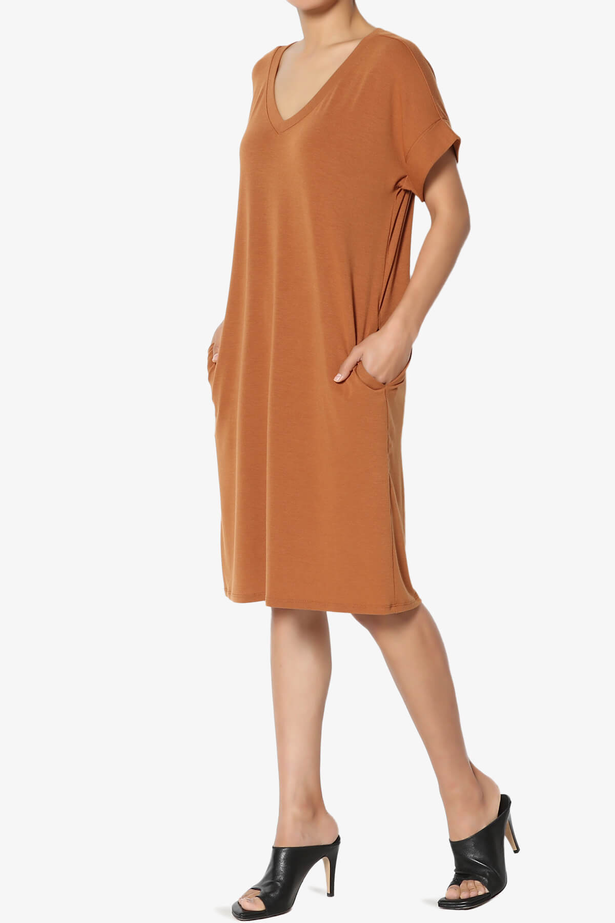 Cliff Rolled Short Sleeve V-Neck Dress ALMOND_3