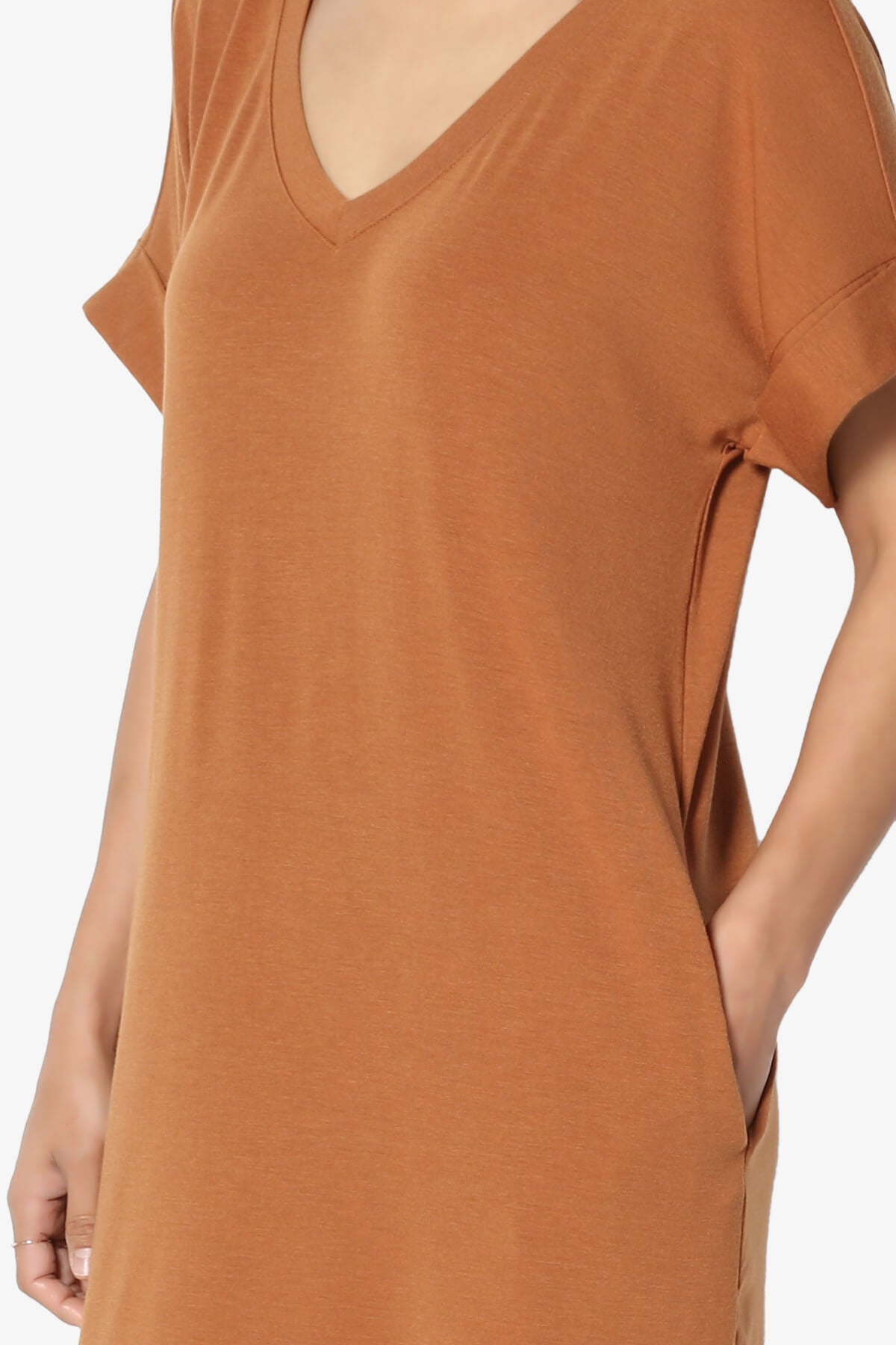 Cliff Rolled Short Sleeve V-Neck Dress ALMOND_5