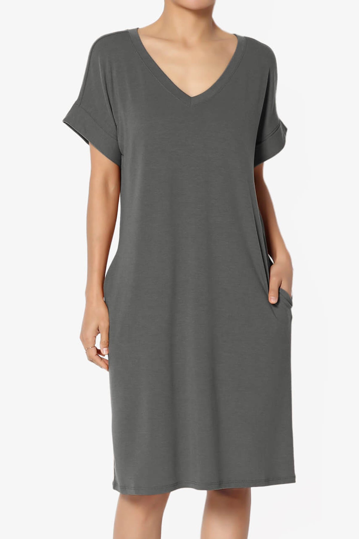 Cliff Rolled Short Sleeve V-Neck Dress ASH GREY_1