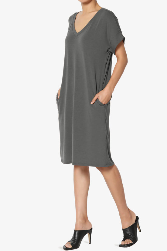 Cliff Rolled Short Sleeve V-Neck Dress ASH GREY_3