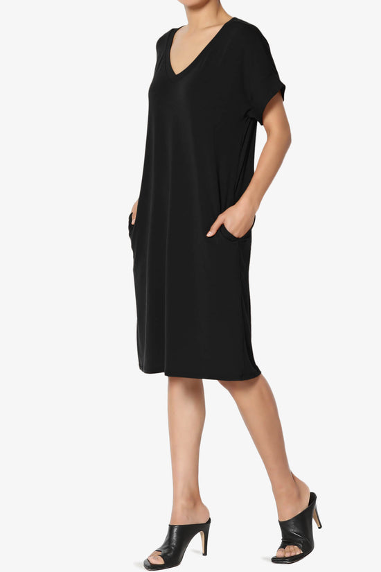 Cliff Rolled Short Sleeve V-Neck Dress BLACK_3
