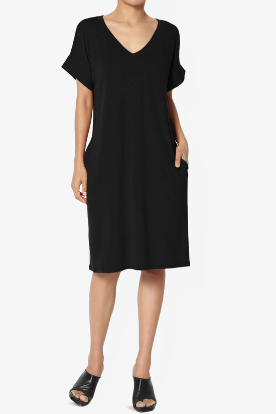 Cliff Rolled Short Sleeve V-Neck Dress BLACK_6
