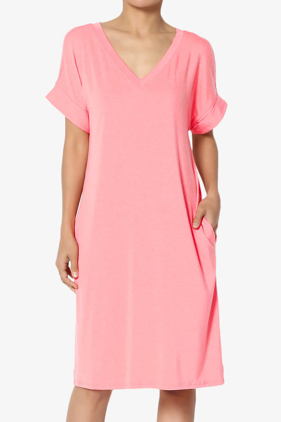 Cliff Rolled Short Sleeve V-Neck Dress BRIGHT PINK_1
