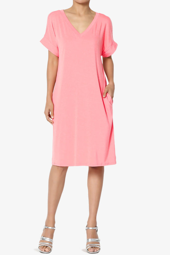 Cliff Rolled Short Sleeve V-Neck Dress BRIGHT PINK_6