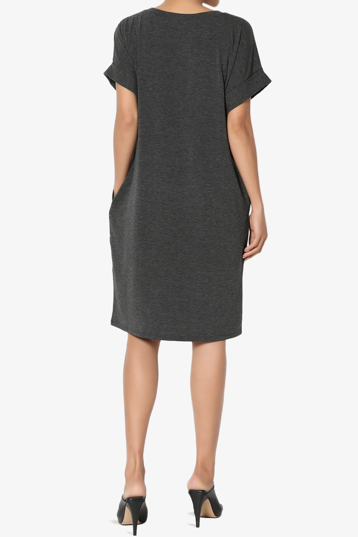 Cliff Rolled Short Sleeve V-Neck Dress CHARCOAL_2
