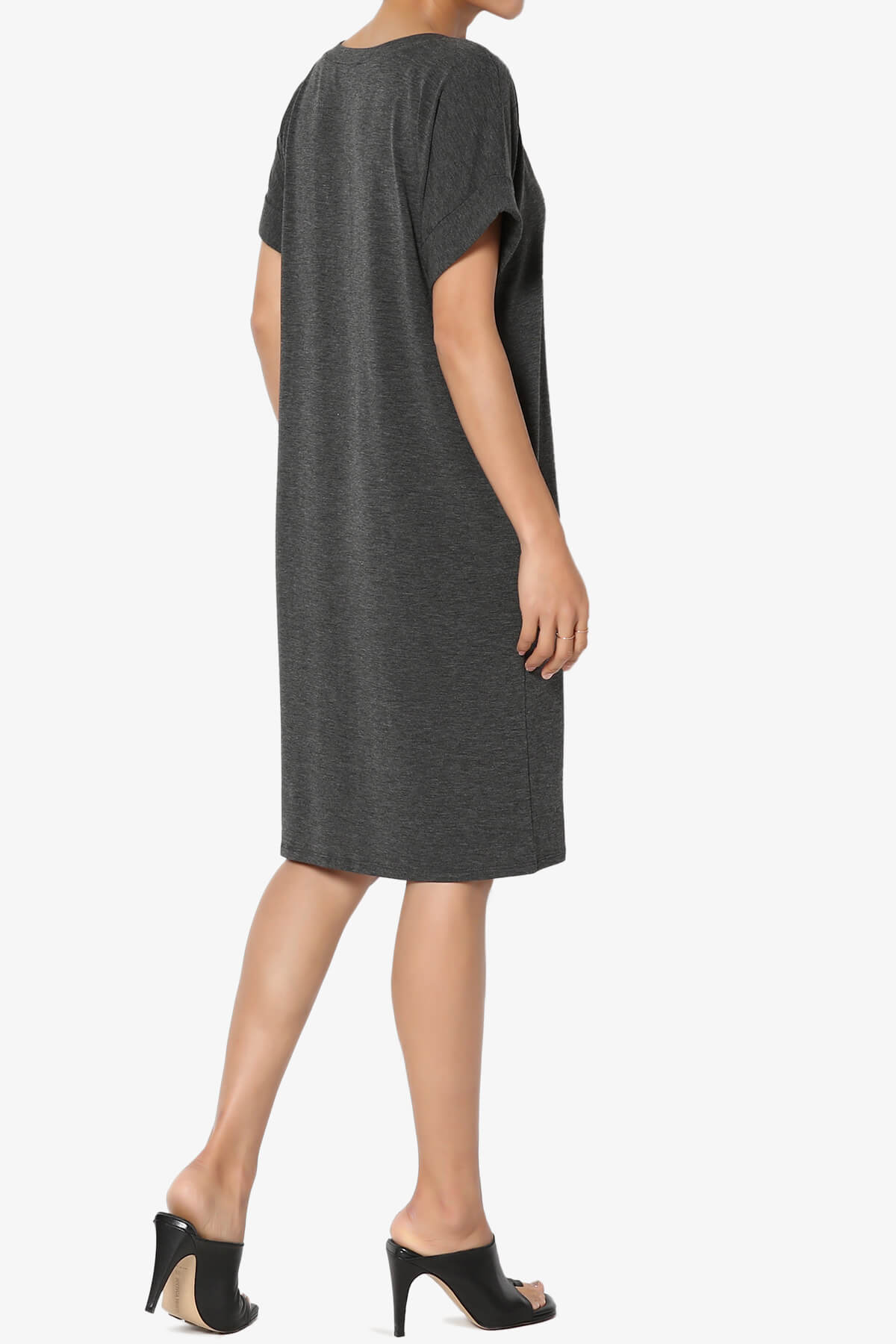 Cliff Rolled Short Sleeve V-Neck Dress CHARCOAL_4