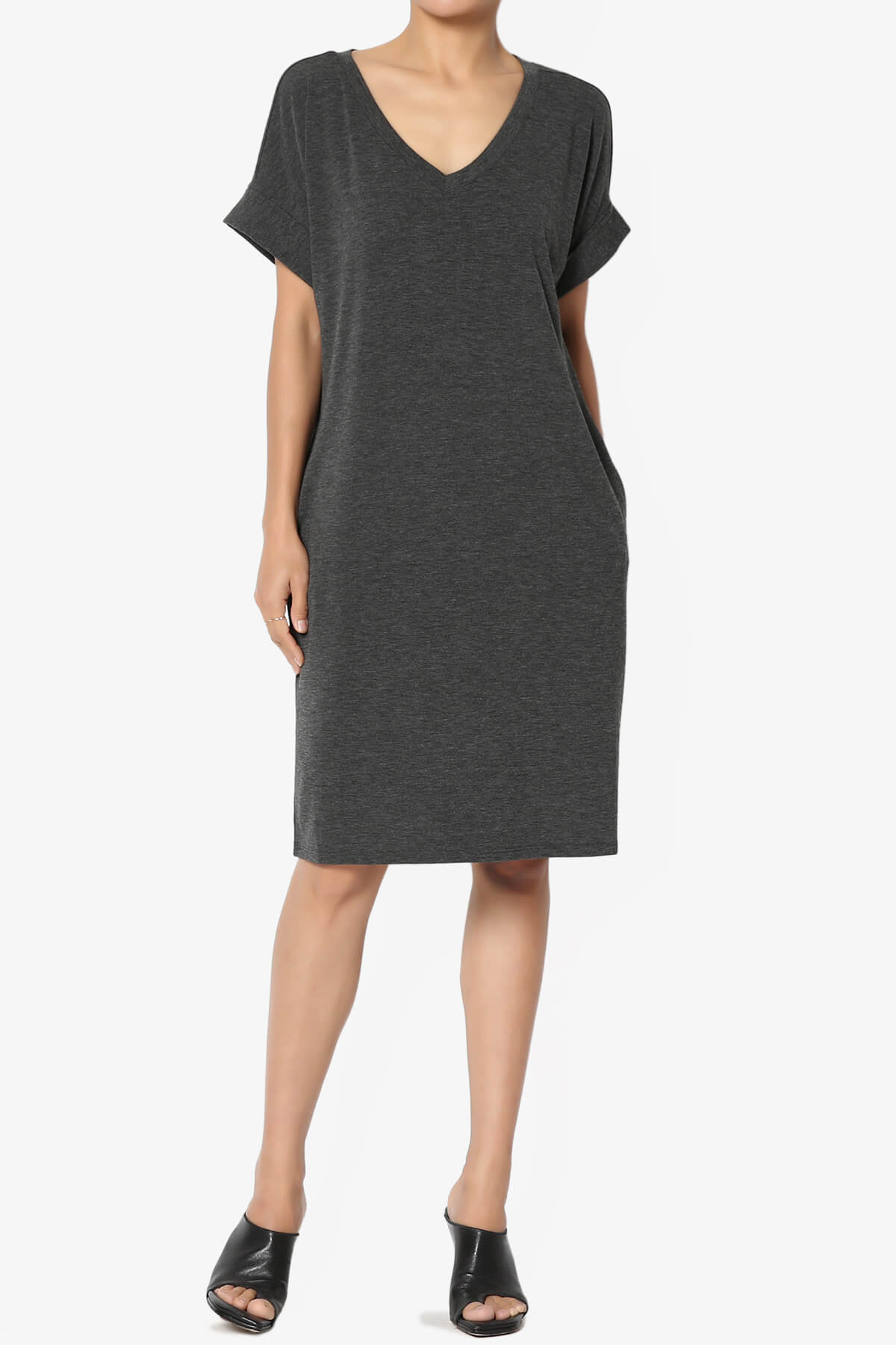 Cliff Rolled Short Sleeve V-Neck Dress CHARCOAL_6