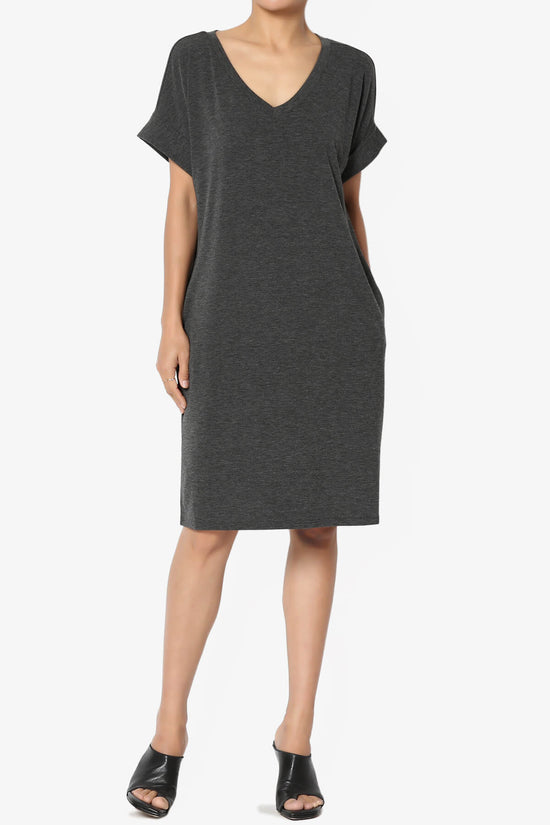 Cliff Rolled Short Sleeve V-Neck Dress CHARCOAL_6