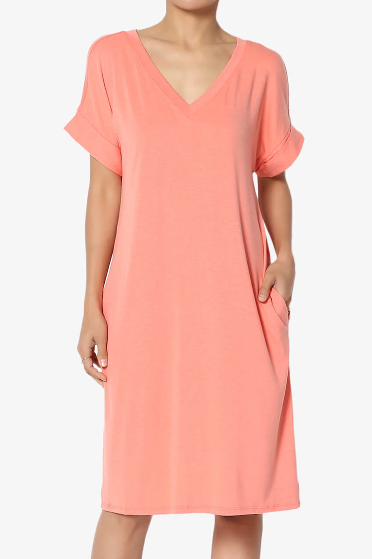 Cliff Rolled Short Sleeve V-Neck Dress CORAL_1