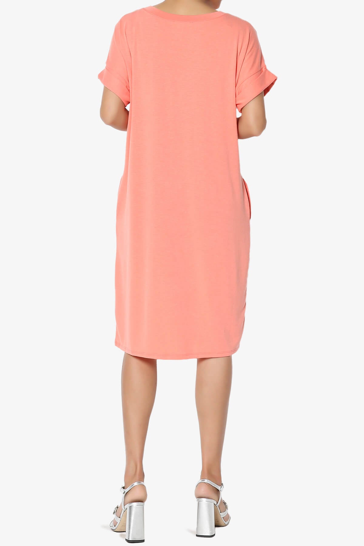 Cliff Rolled Short Sleeve V-Neck Dress CORAL_2
